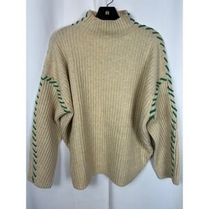 Skatie Brand Ivory Contrast Embroidered Sweater Green Whipstitch Ribbed Size M